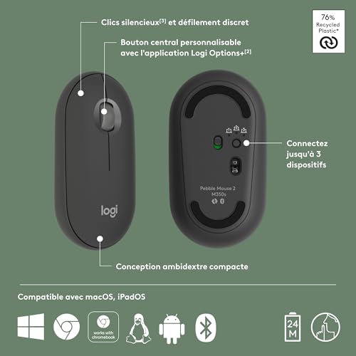 Logitech Pebble Mouse 2 M350s Fine Wireless Bluetooth, Portable, Lightweight, Customizable Buttons, Discrete Clicks, Easy-Switch Windows/MacOS/iPadOS/Android/ChromeOS - Graphite