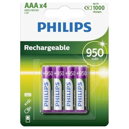 PHILIPS Pilas AAA - Pilas Recargables HR03 - NiMH 1.2V - 1000 Recargas - 950mAh