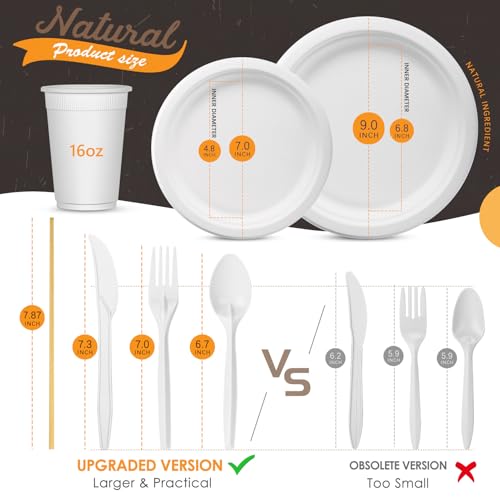 Image of 350pcs Compostable Paper Plates Set Disposable Plates 9 Inch 7 Inch for Wedding Party Eco-friendly Sugarcane Plates Biodegradable Cutlery Forks Knives Spoons Cups and Straws for 50 Guests