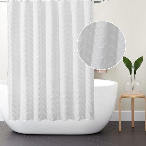 AIBIIN Cortina de ducha blanca de tela bohemia moderna casa de campo con texturas copetudas blancas a rayas minimalistas decoración de baño cortinas de baño con 12 ganchos 180 x 180 cm