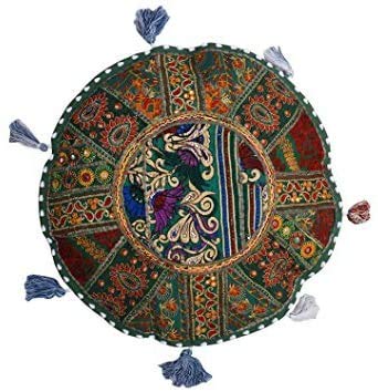 The Harry Creations Decor Room Cover Indian Vintage Living Pouf Floor Stool Bohemain Foot Pillow Home Ottoman Bean Bag Round Ottoman Patchwork Floor Cushion Cover (Green, 28 Inch)