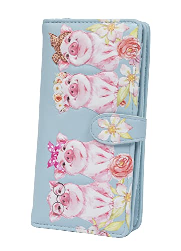 Shag Wear Women's Premium Vegan Clutch Cardholder Wallet Zipper Purse with Pretty Piggies at the Market, Blue