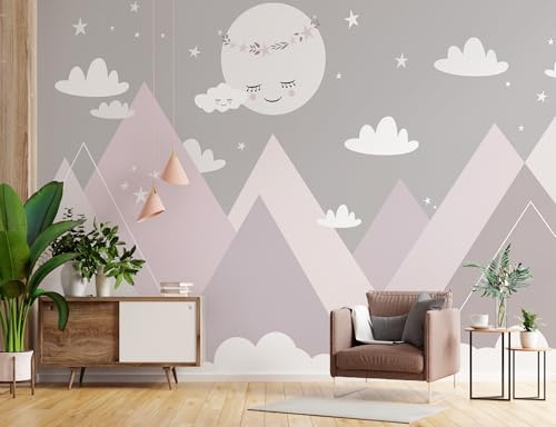 Buiory 119.6x83inch Large Cartoon Geometric Mountain Wallpaper White Moon and