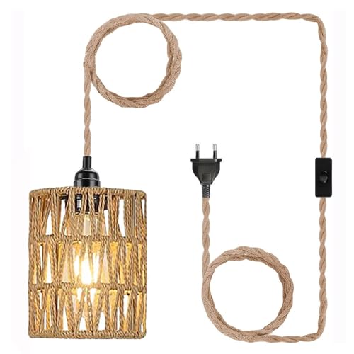 Boho Vintage Hängelampe mit Stecker Lampe Pendelleuchte Rattan...