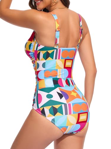 Image of Smismivo Tummy Control Swimsuits for Women Slimming One Piece Bathing Suit Retro Ruched Push Up Vintage Padded Swimwear