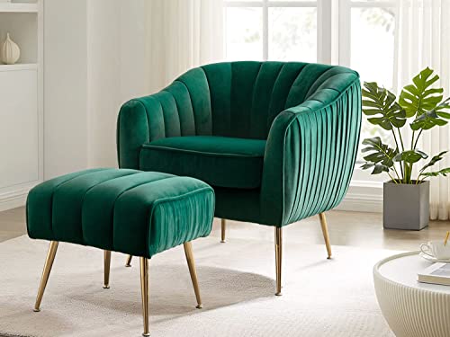 Altrobene Velvet Accent Chair with Ottoman, Modern Arm Barrel Chair Footstool Set for Living Room Bedroom, Home Office Reception Chair Set, Golden Finished, Christmas Green