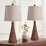 360 Lighting Fraiser 23 1/2' High Cone Small Mid Century Modern Accent Table Lamps Set of 2 Brown Wood Finish Living Room Bedroom Bedside Nightstand House Office Home Reading Oatmeal Shade
