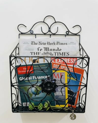 Image of Wall Mounted Hanging File & Magazine Holder - Metal Organizer for Newspapers, Documents & Office Storage | Decorative Rack for Home & Workspace 39x26x10 cm. (Black)