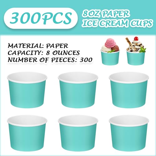 Image of Nuenen 300 Pcs 8 oz Summer Ice Cream Paper Cups Bulk Disposable Dessert Cups Solid Color Paper Dessert Bowls for Snack Sundae Spring Party Favors Ice Cream Bar Supplies (Teal Color)
