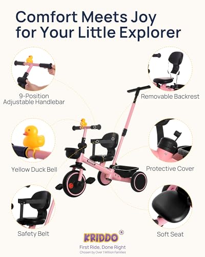 Image of KRIDDO 2-in-1 Tricycle for Toddlers 1.5-5 Years, Push Tricycle with Parent Steering Detachable Handle, 9-Stage Adjustable Handlebar, Toddler Trike with Safety Belt, Clutch Pedals & Dual Basket, Pink