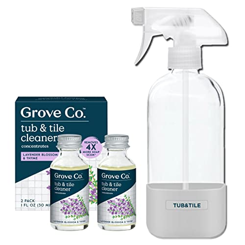 Grove Co. Tub And Tile Cleaner Refill Concentrate (2 X 1 Fl Oz) + 1 X Reusable Glass Spray Bottle (16 Oz) Plant-Based Cleaning Supplies Bundle, No Plastic Waste, 100% Natural Lavender & Thyme Scent #TOP14