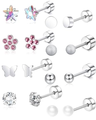 TPZORJX 8 Pares Lindos Pendientes con Rosca la Espalda,Pendientes para mujer,para Mujeres y Niñas Acero Inoxidable Multicolor Corazón Flor Mariposa CZ Pendientes Hipoalergénicos Rosca la Espalda