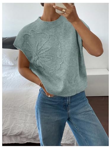 Image of SOLY HUX Women's Short Sleeve Sweater 3D Floral Sweaters Pullover Tank Tops Knit Vest Trendy Fashion Clothing