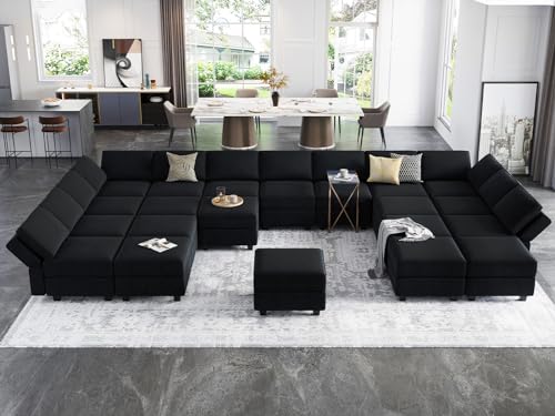 Belffin Modular Large Sectional Sofa with Storage Seat Oversized U Shaped Couch with Reversible Chaise Modular Sofa Set with Ottoman Velvet Black