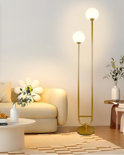 Lightdot 63IN Gold Floor Lamp with U Pole, 2 Globe Mid Century Standing Lamps with Warm White LED Bulbs, Unique Vintage Tall Floor Lamp for Living Room/Wedding/Party