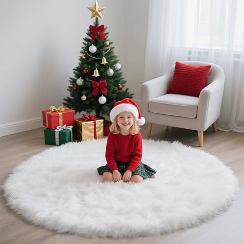 White Fluffy Round Area Rugs for Bedroom,5'X5'Shag Circle Area Rugs for Girls Room,Non Slip Fuzzy Plush Rug for Kids Room Living Room and Dorm Home Decor Rug
