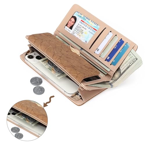 Image of Women's Wallet Leather RFID Blocking Bifold Clutch Large Capacity Credit Card Holder with Coin Zipper Purse