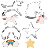 Dimensiones: cada forma del molde de galletas es de 2,5 cm de alto, las dos formas de unicornio son de 8,5 x 5,8 cm y 8 x 7,5 cm, la forma de estrella es de 8,3 cm, el arco iris es de 10 x 6 cm.