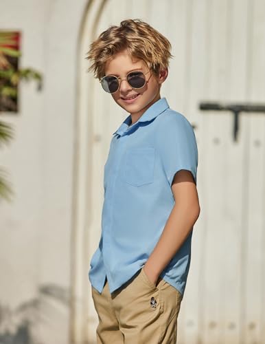 Image of Arshiner Boys Short Sleeve Dress Shirts Solid Button Down Shirts | formal Uniform School Shirt, for 4-12 Years, Hidden Buttons, with Chest Pocket, Regular Fit, Summer Tee top for Kids