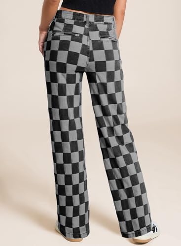 Sidefeel Women's Wide Leg Jeans High Waisted Stretchy Straight Leg Checkered Loose Denim Pants3