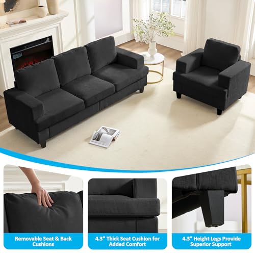 Image of Mjkone 82 inch W 2 Piece Living Room Furniture Sofa Set, Modular 3 Seater Sofa Couch and Armchair Sets, Chenille Fabric Sectional Couch Sets for Living Room Studio Home Apartment, Dark Grey