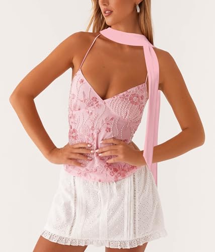 Y2k Sequin Scarf Cami Tops for Women Sexy V Neck Open Back Beaded Tank Flower Pearl Embellished Party Going Out Top3