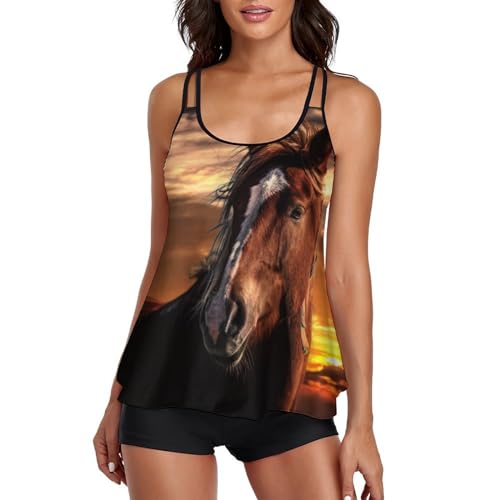 Tankini femme cheval du soleil couchant avec short de garçon pour un confort absolu sur la plage
