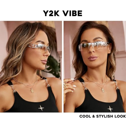 mosanana Y2K Rhinestone Flame Rectangle Sunglasses for Women with Bling Glitter MS523503