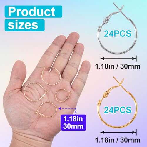 Isslly 48 PCS Hoop Earrings Finding, 30mm Earring Hoops for Jewelry Making Hypoallergenic, Open Beading DIY Earrings Craft Accessories - Gold, Silver
