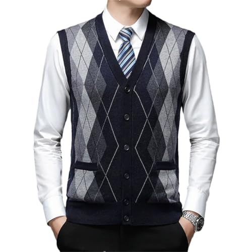Men’S Trendy Argyle Knit Sweater Vest Slim Fit Deep V-Neck Sleeveless Casual Button Down Cardigan