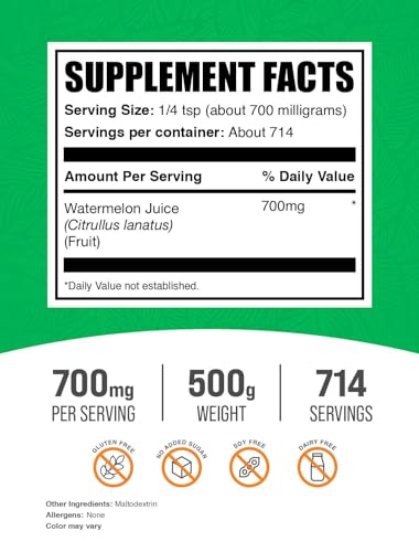 Image of BulkSupplements.com Watermelon Juice Powder - from Watermelon Fruit, Fruit Powder, Hydation Supplement - 700mg per Serving, 500g (1.1 lbs) (Pack of 1)