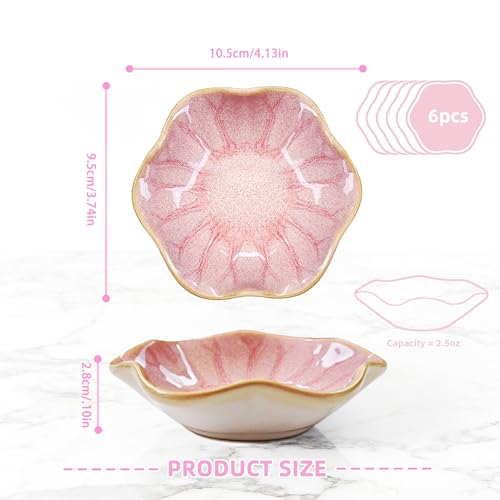 6-Pack Pink Soy Sauce Dishes, 2.5oz Ceramic Dipping Bowls, 4.1in lotus leaf shaped sauce bowls, Small Bowles for Side Dishes, sdipping bowl, dipping plates, Jewelry Tray, Decorative Bowles (6 Pink) - image 3
