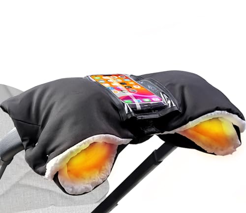 DMTIVMG - Manoplas Carro Bebe, Impermeable y Cortaviento Guantes Carro Bebe Invierno con Bolsillo para Celular, Guantes para Cochecito Bebe Forro de Felpa Para Todos los Cochecitos - Negro