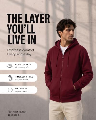 Image of Nobero Classic Zipper Hoodie for Men | Zip Up Hoodies for Men | Regular Fit | Full Zip Closure | Drawstring Hood | Zipped Hooded Sweatshirt | Cotton Rich Zipper Fleece Hoodie
