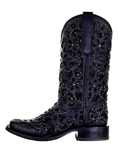 CORRAL LADIE'S BLACK INLAY & EMBROIDERY & STUDS SQ. TOE, LEATHER SOLE, WESTERN A41283