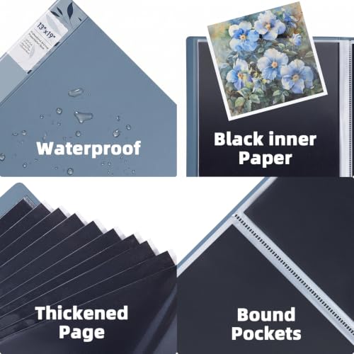 Image of 11x14 Blue Art Portfolio Folder Displaying 48 Pages with Plastic Sleeves | 24-Pocket Presentation Book Binder For Artwork Storage Featuring Dark Inner Paper Inserts Protective Document Archival Holder