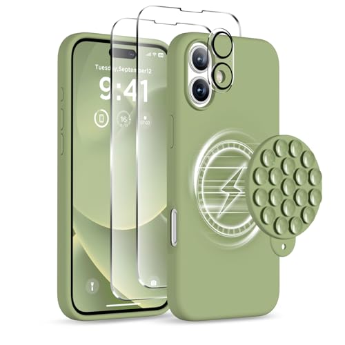 Image of Magnetic for iPhone 16 Case, Compatible with Magsafe, Suction Cup Phone Mount, [2 Screen Protectors][Camera Lens Protector] Silicone Shockproof Protective Slim Phone Cover 6.1 inch, Tea Green