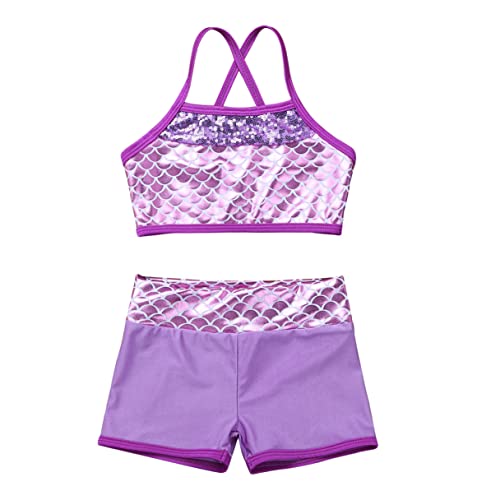 Image of Agoky Kids Girls 2PCS Sports Outfits Ballet Gym Sequins Mermaid Tank Top Shorts Set Tankini Swimwear Gymnastics Tracksuit