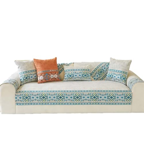 Fundas de Chenilla para sofá, Funda Suave para sofá, Bordado, Estampado Floral, Resistente al Desgaste, Antideslizante, Lavable, para sofás reclinables en Forma de L(White,90X240cm)