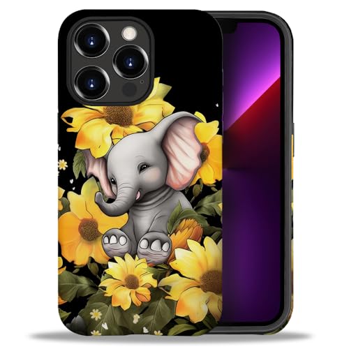 yicomon Compatible with iPhone 13 Pro Case, Elephant Sunflower Pattern Print Matte Phone Case Durable Fashion Funny Liquid Silicone Case Soft Anti-Scratch Shockproof Protective Cover