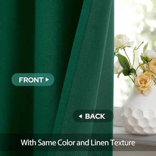 Image of HOMEIDEAS 100% Blackout Dark Green Linen Curtains 52W x 63L 2 Panels