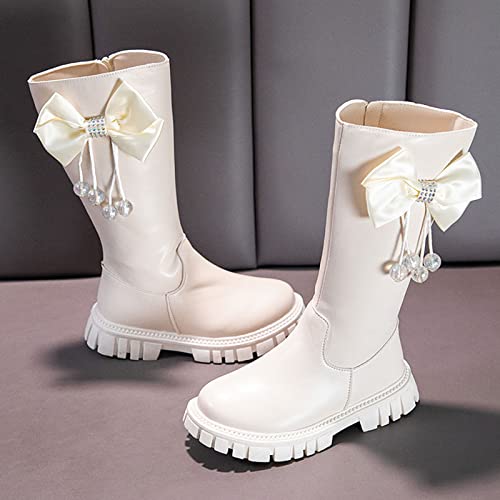 Children Shoes Long Boots High Boots Autumn and Winter New Girl Soft Bottom Leather Boots Western Boots (White, 10-10.5 Years Big Kids)4