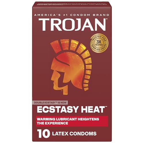 Trojan Ecstasy Heat Latex Lubricated Ribbed Condoms for Men with Warming Lubricant for a Heightened Experience, Helps Reduce Risk of Pregnancy and Sexually Transmitted Infections (STIs), 10 Count
