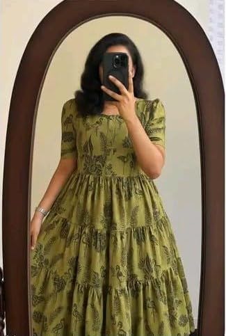 Image of Women's Rayon A-Line Midi Dress, Floral Print, Short Sleeves, Round Neck, Tiered Design