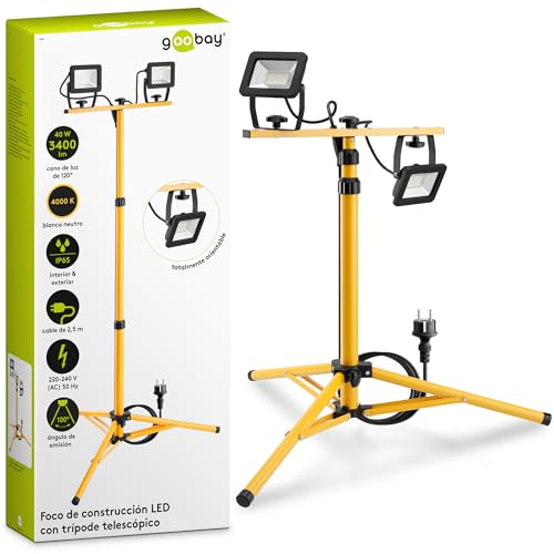 goobay Proyector LED para construcción con soporte telescópico 2 x 20W / 3400lm / Luz blanca neutra-4000K / Para uso en interiores y exteriores-IP65 / Negro/Amarillo, 40 W, 2x 20 Vatios