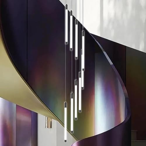 Lámpara de araña LED Moderna Escalera 9 Luces vestíbulo Largo lámpara Colgante para Techo Alto luz Colgante Lineal Negra con Control Remoto Regulable lámparas de Techo Alto para escaleras Entrada de