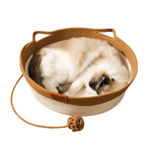 コットンロープ編みの猫用ベッドバスケット、編み込みペット用おもちゃ箱、ペット用睡眠ベッド、手編み カゴ バスケット 休憩所 ペット寝具 猫寝床 ペットハウス オールシーズン インテリア