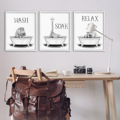 Image of Jungle Animals Bathroom Signage, 24 x 30 Inch Framed Giclee Print Set | Stupell Industries . By Rachel Nieman . Ready to hang . Great for bath and laundry . Made in USA