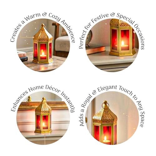 Image of MARKET 99 Metal Glass Royal Lantern | Golden Red Tealight Candle Holder | Decorative Home Decor Lamp | Festive Lighting for Diwali, Christmas, Wedding & Party Table Setup (Use LED T-Light Only)