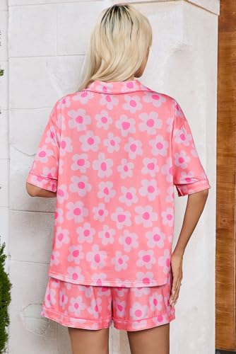 Image of KevaMolly Women Floral Notch Collar 2 Piece Holiday PJ Set | Print Short Sleeve Top, Drawstring Soft Vacation Sleep Shorts